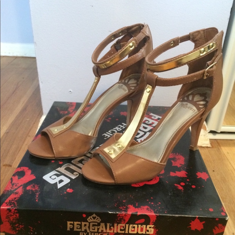 Tan and gold heeled sandals